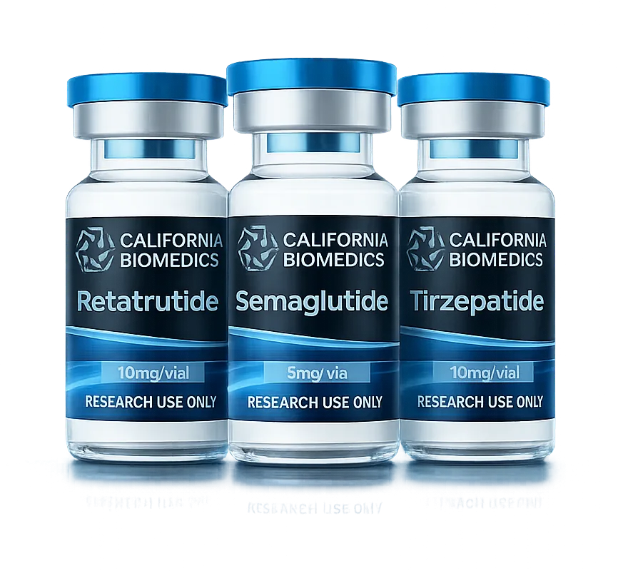 Флаконы California Biomedics — Retatrutide, Tirzepatide, BPC-157
